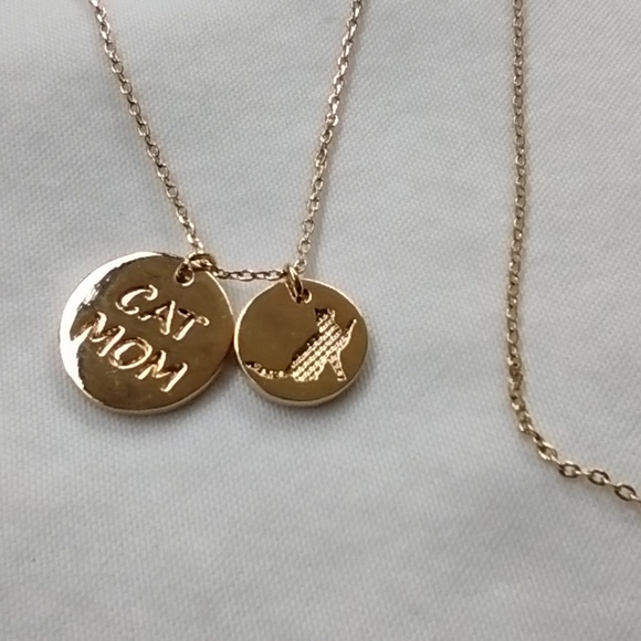 NWT 18k Gold Dipped Double Medallion Charm CAT MOM Necklace / Cat Jewelry - Picture 6 of 7